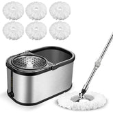 Stainless Steel Spin Mop Bucket System with Heavy-Duty Mop & 6 Microfiber Refills - 4-Wheel Floor Mop, Space-Saving Compact Design, Fast-Drying Spin Mechanism for Vinyl Floors - \u002FOutdoor Use (Easy Storage