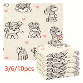 3\u002F6\u002F10pcs 11*11In Reusable Cleaning Cloth with Puppy Cartoon Animal Print 3D Retro Soft Scouring Pad Suitable for Daily Household Cleaning