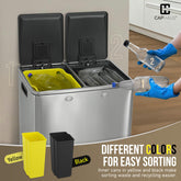 CAPHAUS Black Dual Trash Can w\u002F Double Lid, Trash & Recycle Bins Combo, Hands-free Stainless-Steel Garbage Can for Kitchen, with 2 Compartment, Hinged Lid, Odor Filters, Handles