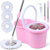Pink Mop and Bucket Set with 360° Rotating Head & Spin Mopping System, Wet\u002FDry Use with Spray Nozzle, Ergonomic Handle & Collapsible Design - Heavy-Duty Acrylic Construction for Hardwood Tile Vinyl Floors, Space-Saving Storage, Ideal for Home & Comm
