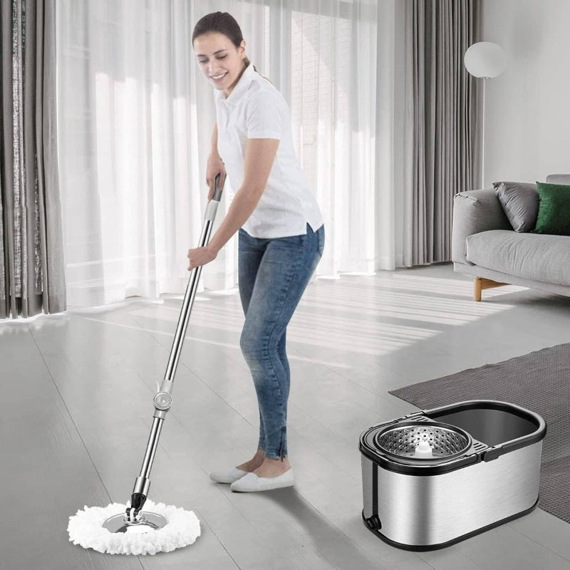 Stainless Steel Spin Mop Bucket System with Heavy-Duty Mop & 6 Microfiber Refills - 4-Wheel Floor Mop, Space-Saving Compact Design, Fast-Drying Spin Mechanism for Vinyl Floors - \u002FOutdoor Use (Easy Storage