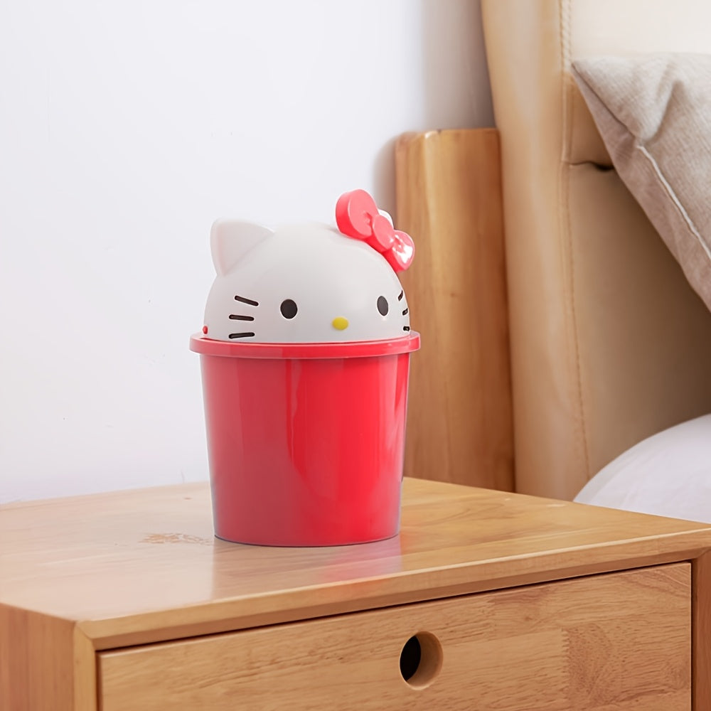 Sanrio for hello kitty Mini Desktop Trash Can with Removable Lid - Cute Pink & Red Bow Design, Durable Plastic Cylindrical Waste Bin for Office, Kitchen, Coffee Table Decor, Compact & Stylish Storage Solution, Kitchen Trash Can, Playful Design, Easy Clean