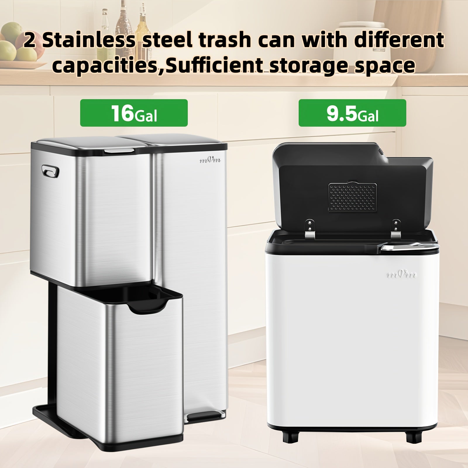 Mvm 9.5\u002F16 Gal 3 in 1 Kitchen Step Trash Can with Soft Close Lid, Duty Anti Fingerprint Brushed Recycling Bin for Office Home Markets, Stainless Garbage Bin, with 3 Removable Inner Barrels, Ideal for Wet Dry Waste Sorting
