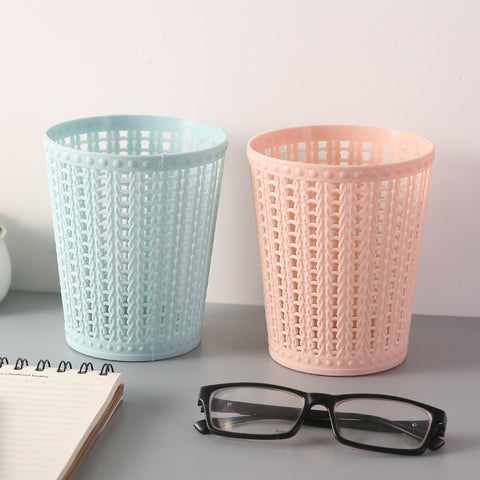 Modern Cylindrical Plastic Mini Trash Can with Hollow Vertical Ridges - Pastel Colors (, Pink, White, Mint Green) | Compact Space-Saving Desktop Waste Bin for, Office, Coffee Table, Bedside | Durable & Lightweight Discreet Bin
