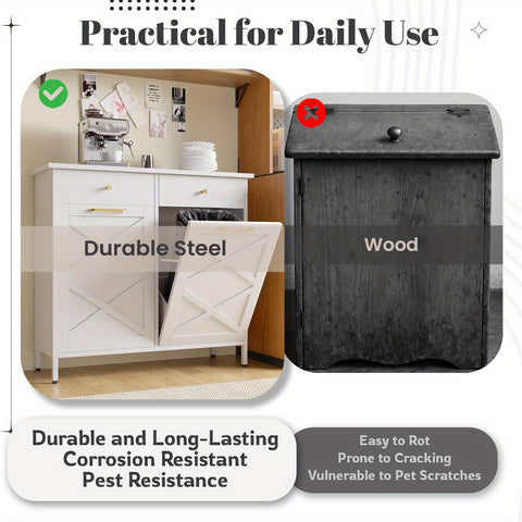 Double Tilt Out Trash Can Cabinet, Suitable For 20 Gallon Metal Dog Proof Trash, With 2 Drawers, Garbage Recycling Can Cabinet Laundry Sorter For Kitchen And Living Room