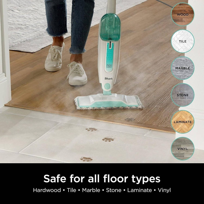 S1000 -Like Steam Mop with 2 Machine Washable Pads - Lightweight Steam Cleaner for Hardwood, Tile, Marble & Laminate Floors, Removable Washable Heads, White & Turquoise, Plug-In-Free Operation (No Required)