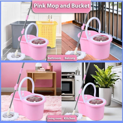 Pink Mop and Bucket Set with 360° Rotating Head & Spin Mopping System, Wet\u002FDry Use with Spray Nozzle, Ergonomic Handle & Collapsible Design - Heavy-Duty Acrylic Construction for Hardwood Tile Vinyl Floors, Space-Saving Storage, Ideal for Home & Comm