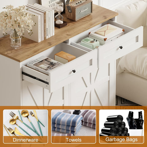 20 Gallon Double Tilt-Out Trash Cabinet & Laundry Hamper - Farmhouse Style Hidden Storage with Solid Wood Tabletop, Drawer & Pet-Proof Design - Freestanding Floor Cabinet for Kitchen, Bathroom, Laundry Room