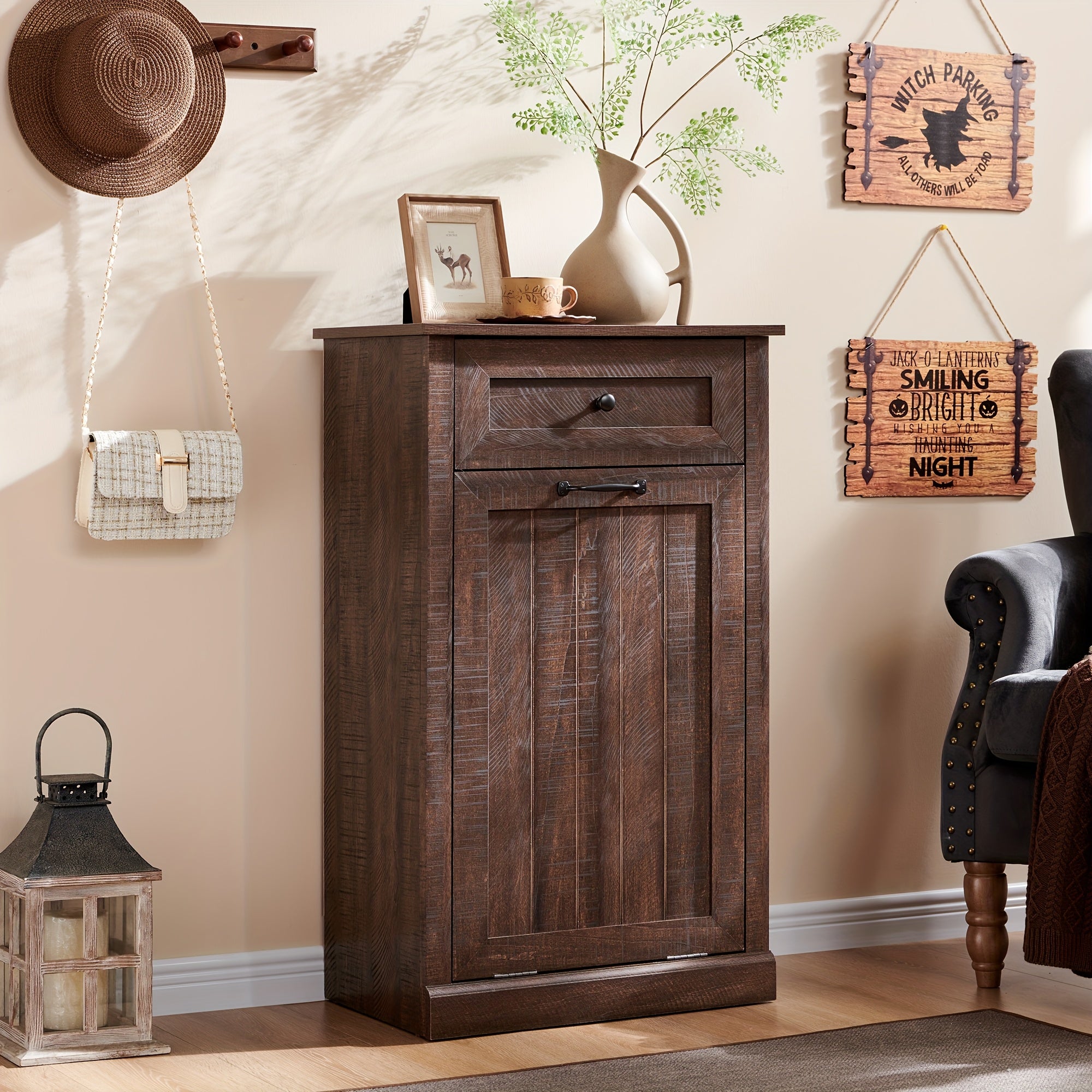 10 Gallon Recycled Wood Tilt-Out Trash Can Cabinet with Drawer - Quiet Close Hidden Laundry Hamper, Pull-Out Bin for Kitchen, Dining & Living Room Storage, Trash Can for Kitchen, Home Organization, Sleek Home Decor, Sturdy Build, Multifunctional Furniture