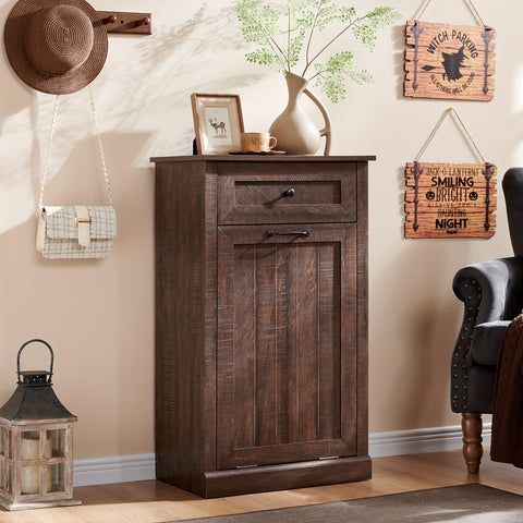 10 Gallon Recycled Wood Tilt-Out Trash Can Cabinet with Drawer - Quiet Close Hidden Laundry Hamper, Pull-Out Bin for Kitchen, Dining & Living Room Storage, Trash Can for Kitchen, Home Organization, Sleek Home Decor, Sturdy Build, Multifunctional Furniture