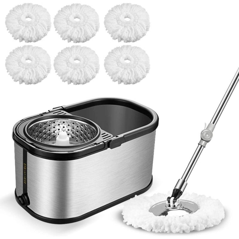 Stainless Steel Spin Mop Bucket System with Heavy-Duty Mop & 6 Microfiber Refills - 4-Wheel Floor Mop, Space-Saving Compact Design, Fast-Drying Spin Mechanism for Vinyl Floors - \u002FOutdoor Use (Easy Storage