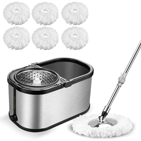 Stainless Steel Spin Mop Bucket System with Heavy-Duty Mop & 6 Microfiber Refills - 4-Wheel Floor Mop, Space-Saving Compact Design, Fast-Drying Spin Mechanism for Vinyl Floors - \u002FOutdoor Use (Easy Storage