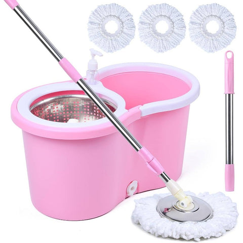 Pink Mop and Bucket Set with 360° Rotating Head & Spin Mopping System, Wet\u002FDry Use with Spray Nozzle, Ergonomic Handle & Collapsible Design - Heavy-Duty Acrylic Construction for Hardwood Tile Vinyl Floors, Space-Saving Storage, Ideal for Home & Comm