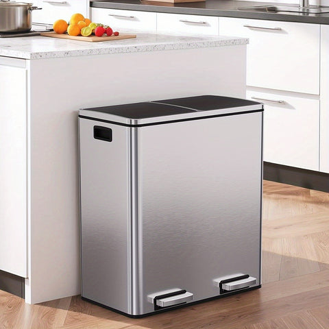 16 GallonStainless Steel Trash Can, 15.85gal Dual Compartment, Metal Kitchen Step Recycle Bin, Metal Double Dustbin, Bathroom Trash Can, Bedroom Trash Can With Lid, Stainless Steel Trash Can, Bathroom Trash Can, Silent Trash Can