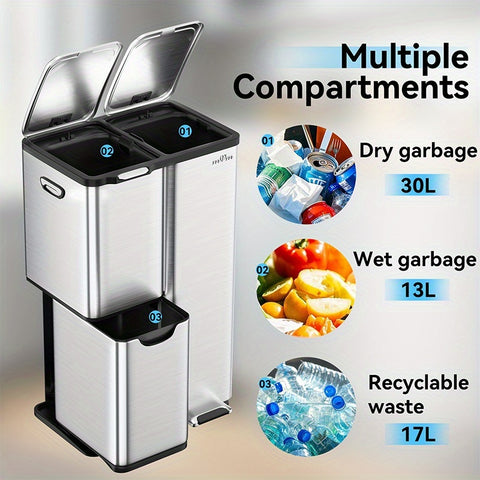 Mvm 9.5\u002F16 Gal 3 in 1 Kitchen Step Trash Can with Soft Close Lid, Duty Anti Fingerprint Brushed Recycling Bin for Office Home Markets, Stainless Garbage Bin, with 3 Removable Inner Barrels, Ideal for Wet Dry Waste Sorting