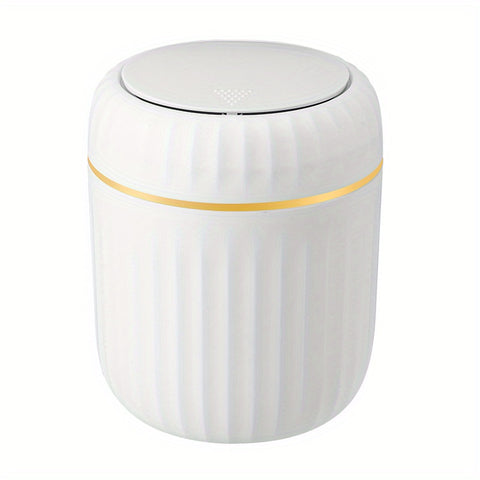 1-Pack PP Plastic Press-Top Desktop Trash Can with One-Touch Lid, Odor-Control Ribbed Design Compact Cylindrical Bin for Office Home Desk, Living Room, Study - White & Yellow Accents, Mini Trash Can for Desk, Desk Organizer, Waste Disposal, Modern Trashca