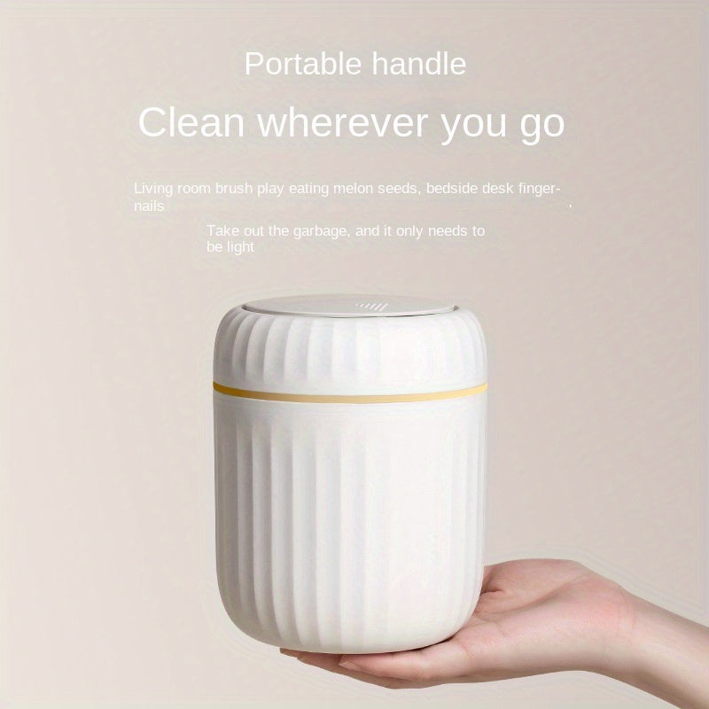 1-Pack PP Plastic Press-Top Desktop Trash Can with One-Touch Lid, Odor-Control Ribbed Design Compact Cylindrical Bin for Office Home Desk, Living Room, Study - White & Yellow Accents, Mini Trash Can for Desk, Desk Organizer, Waste Disposal, Modern Trashca