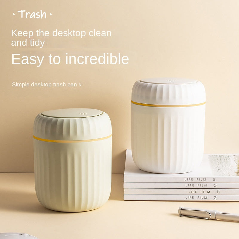 1-Pack PP Plastic Press-Top Desktop Trash Can with One-Touch Lid, Odor-Control Ribbed Design Compact Cylindrical Bin for Office Home Desk, Living Room, Study - White & Yellow Accents, Mini Trash Can for Desk, Desk Organizer, Waste Disposal, Modern Trashca