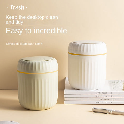 1-Pack PP Plastic Press-Top Desktop Trash Can with One-Touch Lid, Odor-Control Ribbed Design Compact Cylindrical Bin for Office Home Desk, Living Room, Study - White & Yellow Accents, Mini Trash Can for Desk, Desk Organizer, Waste Disposal, Modern Trashca