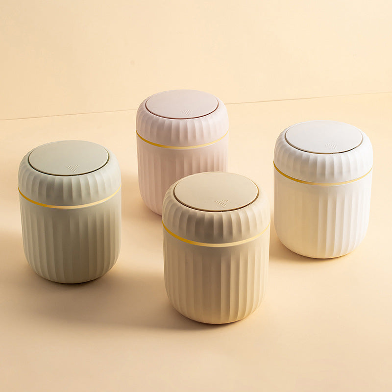 1-Pack PP Plastic Press-Top Desktop Trash Can with One-Touch Lid, Odor-Control Ribbed Design Compact Cylindrical Bin for Office Home Desk, Living Room, Study - White & Yellow Accents, Mini Trash Can for Desk, Desk Organizer, Waste Disposal, Modern Trashca