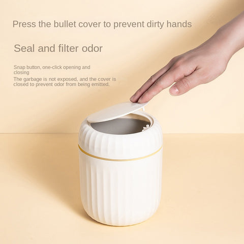 1-Pack PP Plastic Press-Top Desktop Trash Can with One-Touch Lid, Odor-Control Ribbed Design Compact Cylindrical Bin for Office Home Desk, Living Room, Study - White & Yellow Accents, Mini Trash Can for Desk, Desk Organizer, Waste Disposal, Modern Trashca