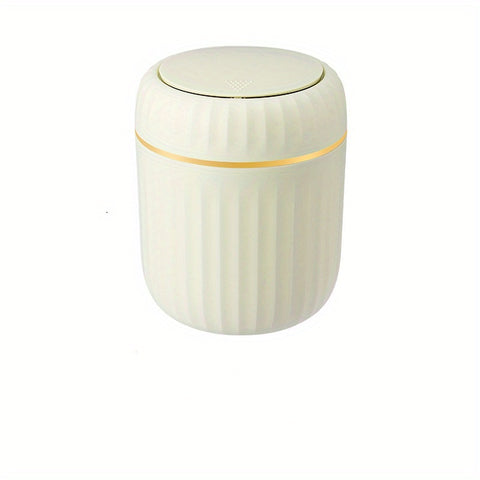1-Pack PP Plastic Press-Top Desktop Trash Can with One-Touch Lid, Odor-Control Ribbed Design Compact Cylindrical Bin for Office Home Desk, Living Room, Study - White & Yellow Accents, Mini Trash Can for Desk, Desk Organizer, Waste Disposal, Modern Trashca