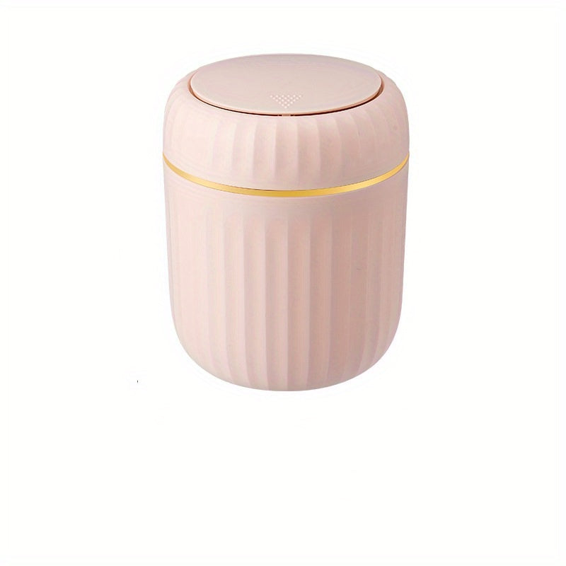 1-Pack PP Plastic Press-Top Desktop Trash Can with One-Touch Lid, Odor-Control Ribbed Design Compact Cylindrical Bin for Office Home Desk, Living Room, Study - White & Yellow Accents, Mini Trash Can for Desk, Desk Organizer, Waste Disposal, Modern Trashca