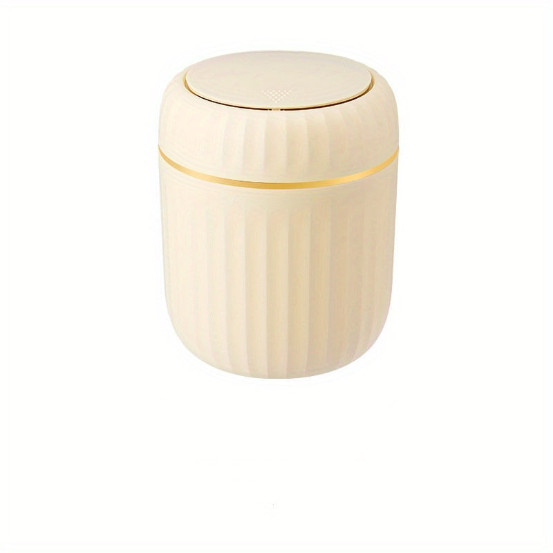 1-Pack PP Plastic Press-Top Desktop Trash Can with One-Touch Lid, Odor-Control Ribbed Design Compact Cylindrical Bin for Office Home Desk, Living Room, Study - White & Yellow Accents, Mini Trash Can for Desk, Desk Organizer, Waste Disposal, Modern Trashca
