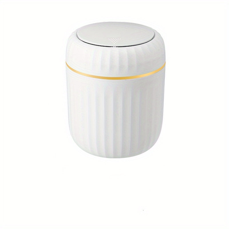 1-Pack PP Plastic Press-Top Desktop Trash Can with One-Touch Lid, Odor-Control Ribbed Design Compact Cylindrical Bin for Office Home Desk, Living Room, Study - White & Yellow Accents, Mini Trash Can for Desk, Desk Organizer, Waste Disposal, Modern Trashca