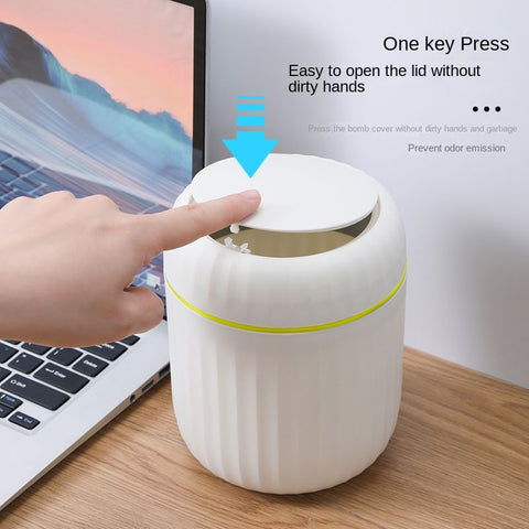 1-Pack PP Plastic Press-Top Desktop Trash Can with One-Touch Lid, Odor-Control Ribbed Design Compact Cylindrical Bin for Office Home Desk, Living Room, Study - White & Yellow Accents, Mini Trash Can for Desk, Desk Organizer, Waste Disposal, Modern Trashca