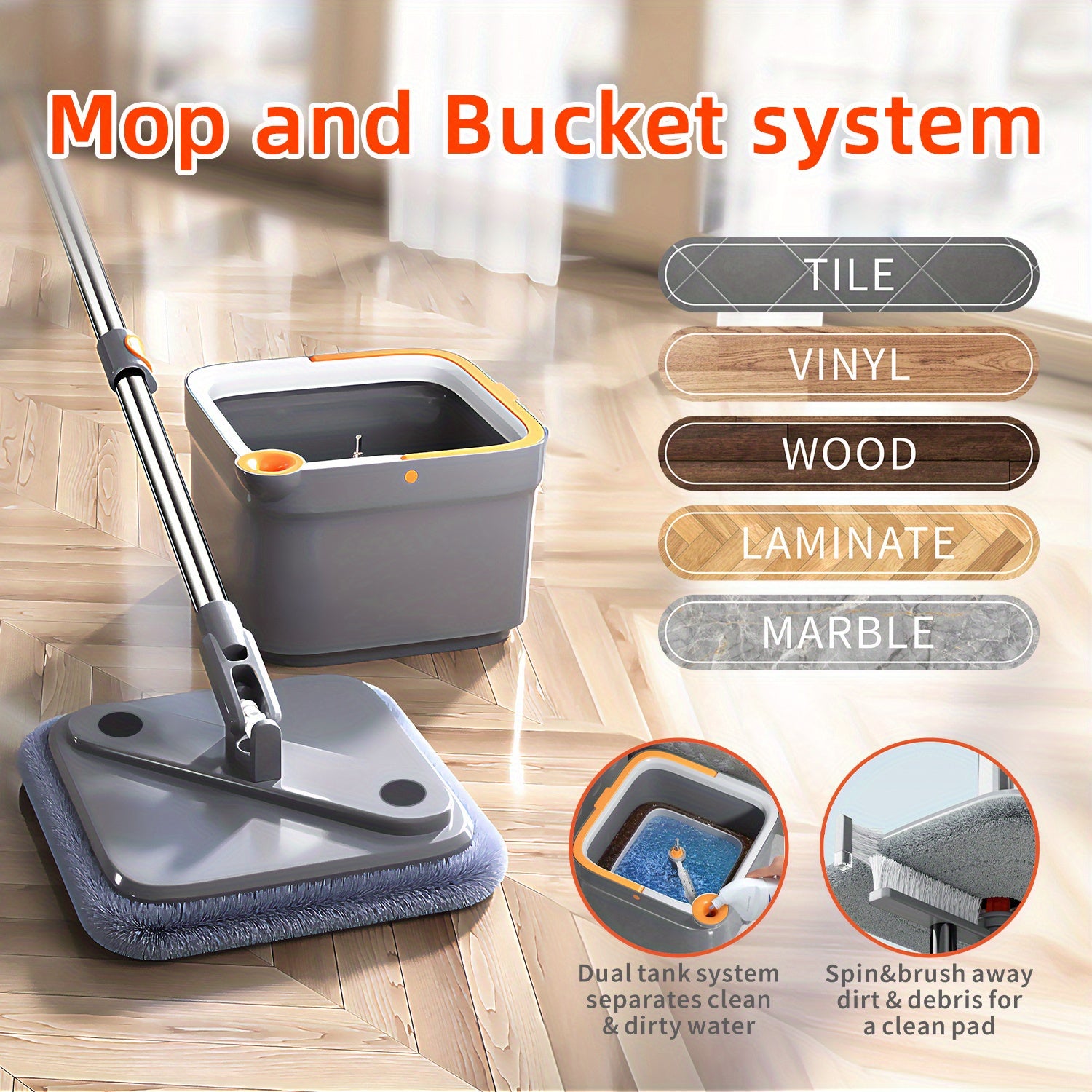 Spin Mop and Bucket System, Includes Square Spin Mop, Dual Compartment Mop Bucket and 2\u002F 6 Thick Machine Washable Mop Pads