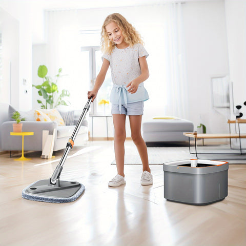 Spin Mop and Bucket System, Includes Square Spin Mop, Dual Compartment Mop Bucket and 2\u002F 6 Thick Machine Washable Mop Pads