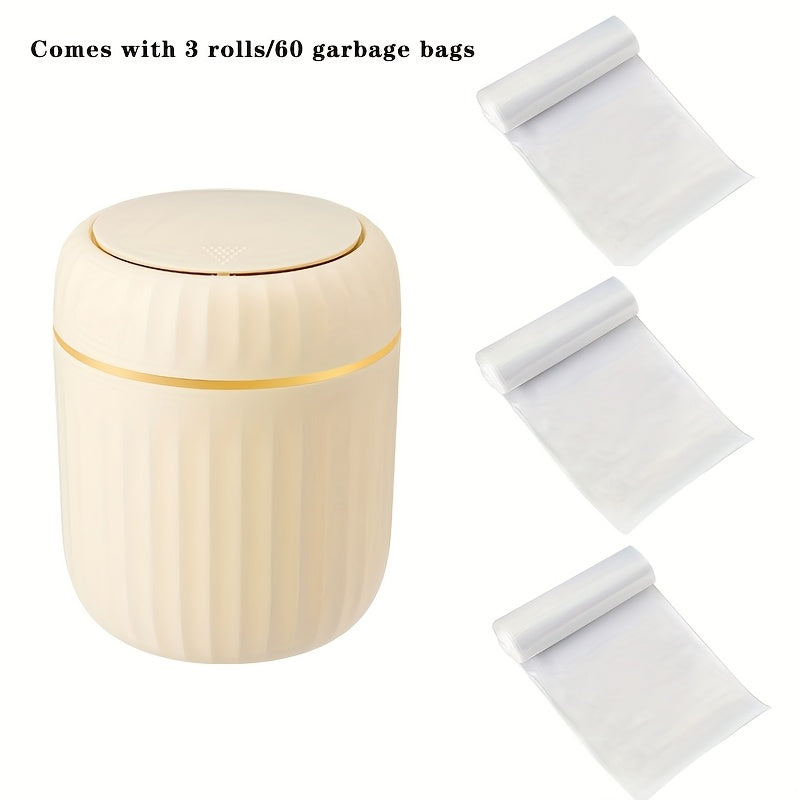 1-Pack PP Plastic Press-Top Desktop Trash Can with One-Touch Lid, Odor-Control Ribbed Design Compact Cylindrical Bin for Office Home Desk, Living Room, Study - White & Yellow Accents, Mini Trash Can for Desk, Desk Organizer, Waste Disposal, Modern Trashca