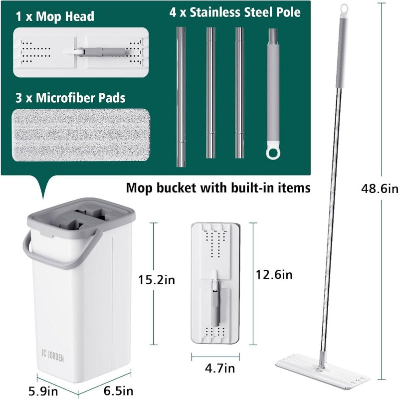 All-in-One Mop and Bucket with Wringer Set with 3 Washable Microfiber Pads - Wet\u002FDry Floor System, Hands Flat Mop for,, Vinyl Floors - Heavy-Duty Buckets & Wringer for Home, -like Surfaces (No Residue