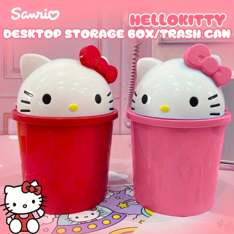Sanrio for hello kitty Mini Desktop Trash Can with Removable Lid - Cute Pink & Red Bow Design, Durable Plastic Cylindrical Waste Bin for Office, Kitchen, Coffee Table Decor, Compact & Stylish Storage Solution, Kitchen Trash Can, Playful Design, Easy Clean