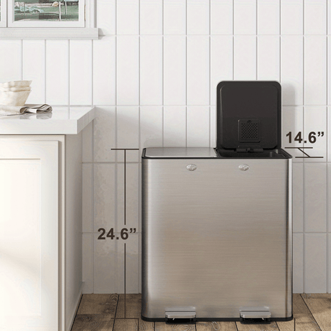 16 Gal Trash Can Stainless Steel w\u002F Separated Lid & Foot Pedal Kitchen Trash Can