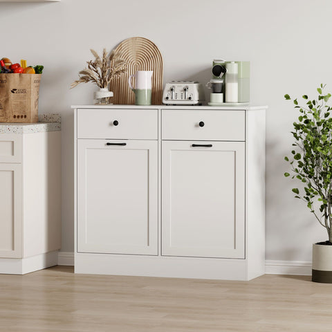 Wpond 20-Gallon Heavy-Duty Double Tilt-Out Trash Can Cabinet with Deodorizing System, Dog-Proof Locking Doors & Hidden Drawers - Freestanding Modern White & Black Garbage Bin, Heavy-Metal-Free \u002FPet- Design