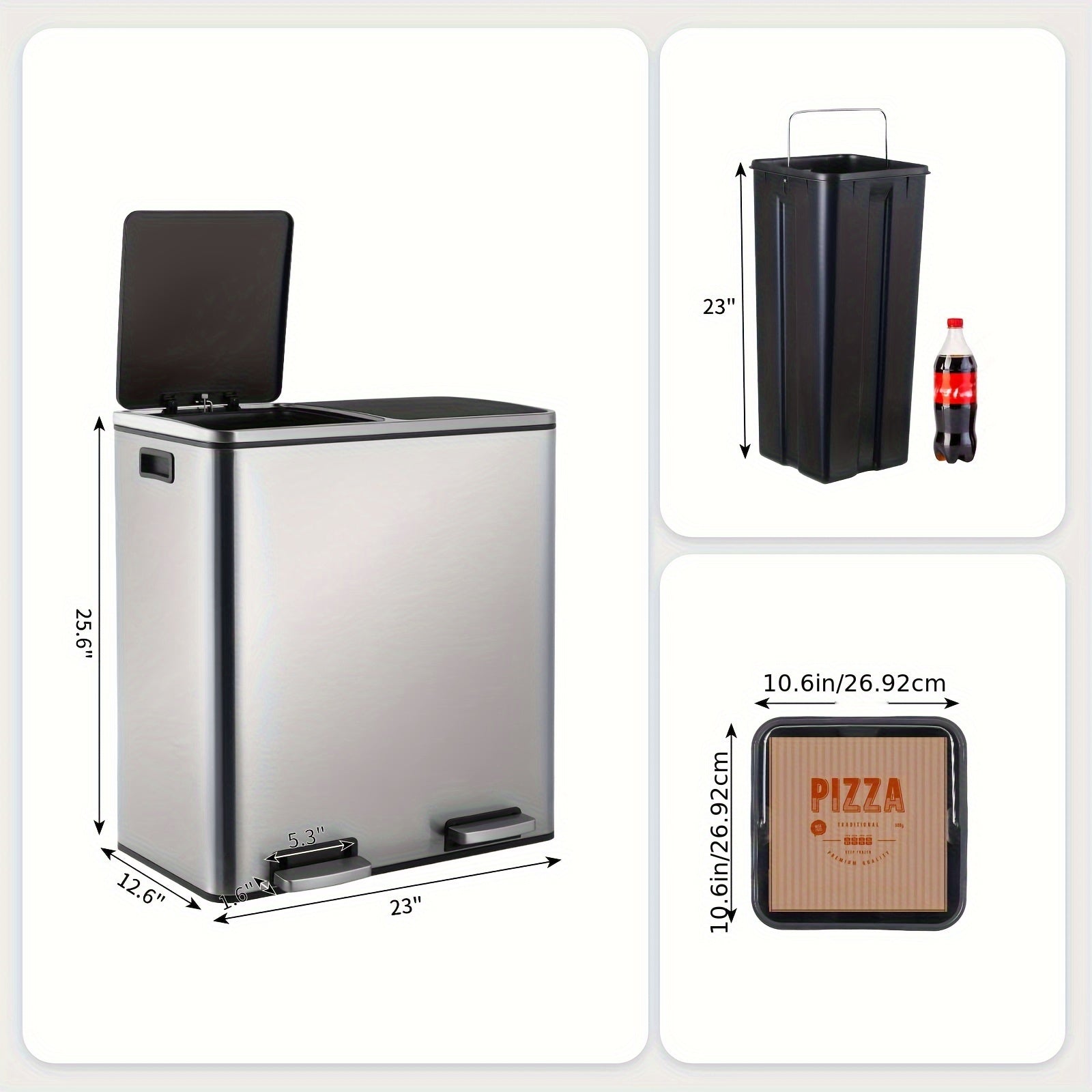 16 GallonStainless Steel Trash Can, 15.85gal Dual Compartment, Metal Kitchen Step Recycle Bin, Metal Double Dustbin, Bathroom Trash Can, Bedroom Trash Can With Lid, Stainless Steel Trash Can, Bathroom Trash Can, Silent Trash Can
