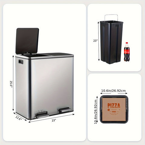16 GallonStainless Steel Trash Can, 15.85gal Dual Compartment, Metal Kitchen Step Recycle Bin, Metal Double Dustbin, Bathroom Trash Can, Bedroom Trash Can With Lid, Stainless Steel Trash Can, Bathroom Trash Can, Silent Trash Can