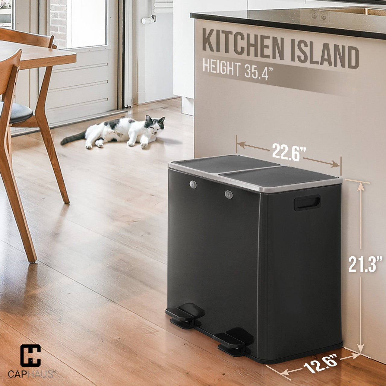 CAPHAUS Black Dual Trash Can w\u002F Double Lid, Trash & Recycle Bins Combo, Hands-free Stainless-Steel Garbage Can for Kitchen, with 2 Compartment, Hinged Lid, Odor Filters, Handles