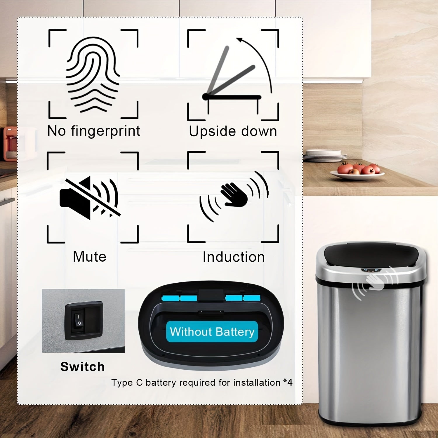 13 Gallon Trash Can Kitchen Waste Bin 50L, Automatic Garbage Can Touchless Motion Sensor, for Office Bedroom Living Room Trash Can, Bedroom Trash Can, Contemporary Design, Compact Bin, Highquality Plastic, Rustresistant Material, Large Capacity Bin, Motio