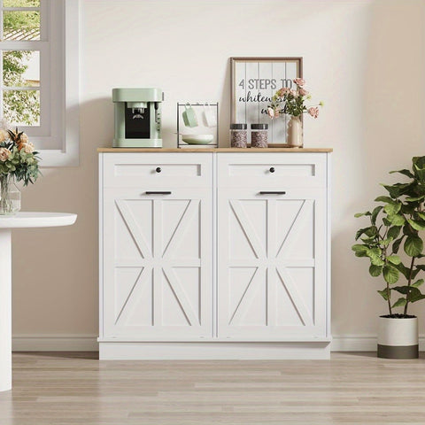 20 Gallon Heavy-Duty Trash Cabinet & Laundry Hamper - Farmhouse Cabinet with Tilt-Out Bin Doors, Space-Saving Storage for Kitchen, Bathroom, Laundry Room - Pet Proof Trash Can Organizer with Tabletop Drawer - Recycled Wood Construction, Kitchen Organizer,