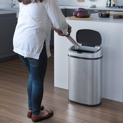 13 Gallon Stainless Steel Touchless Trash Can with Motion Sensor & Odor Control System - Automatic Hands-Free Operation, Battery-Powered (Batteries Not Included), Modern Oval Design, Hygienic Automatic Lid, Durable Aluminum Construction for Home