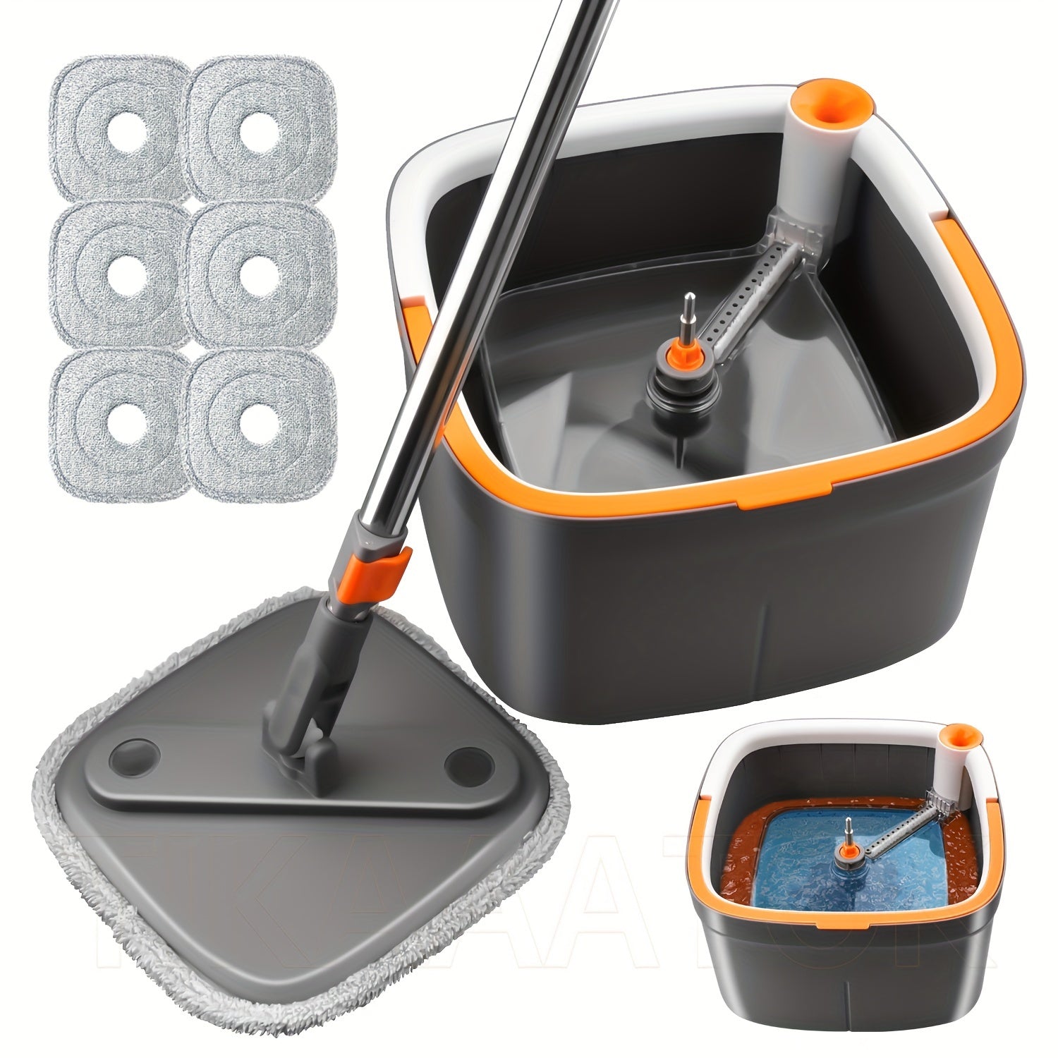 KZKR Spin Square Mop Square Spin Mop and Bucket Set, with Dirty\u002FClean Water Separation System, Self Rotating Mop-Head for Hardwood Tile Marble Floors with 2\u002F6pcs Mop