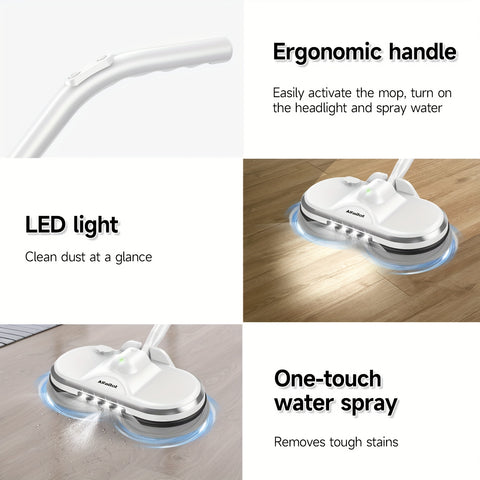 Cordless Electric Mop, Electric Spin Mop, Floor Cleaner with LED Headlight and Water Spray, Powerful Spin Mop with Water Tank for Hardwood, Tile Floors, Quiet Cleaning & Waxing