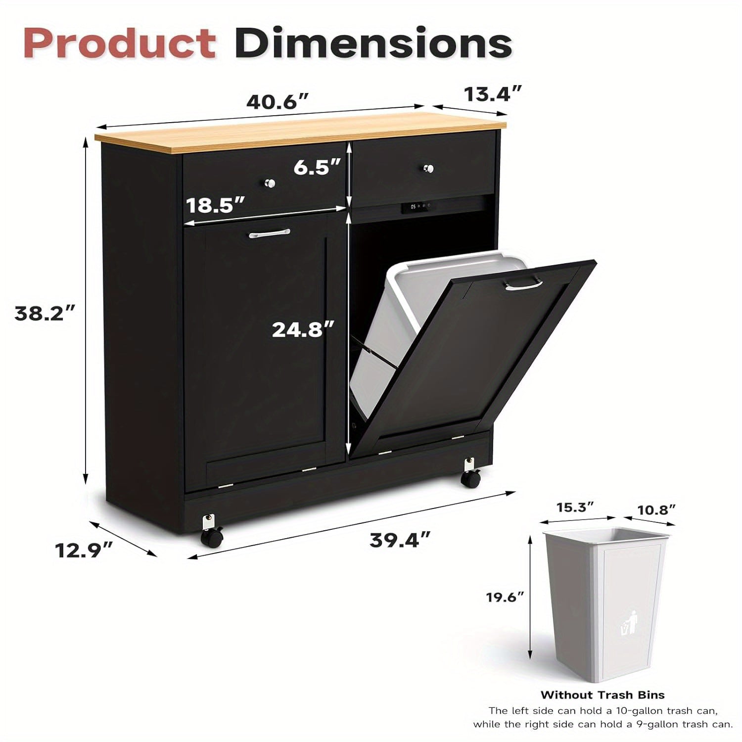 Heavy-Duty Hardwood Trash Can Cabinet with Locking Tilt-Out Bins & Casters - Kitchen\u002FBathroom\u002FOffice garbage storage Organizer with 2 Drawers, Fits 10Gal + 9Gal Bins, Space-Saving Modern Cabinet (Easy Assembly), Storage Bins, Sleek Wooden Design