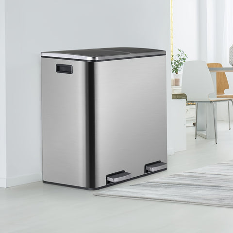 16 GallonStainless Steel Trash Can, 15.85gal Dual Compartment, Metal Kitchen Step Recycle Bin, Metal Double Dustbin, Bathroom Trash Can, Bedroom Trash Can With Lid, Stainless Steel Trash Can, Bathroom Trash Can, Silent Trash Can