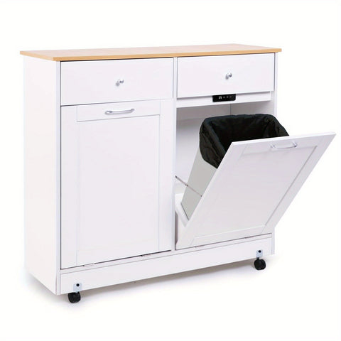 Heavy-Duty Hardwood Trash Can Cabinet with Locking Tilt-Out Bins & Casters - Kitchen\u002FBathroom\u002FOffice garbage storage Organizer with 2 Drawers, Fits 10Gal + 9Gal Bins, Space-Saving Modern Cabinet (Easy Assembly), Storage Bins, Sleek Wooden Design