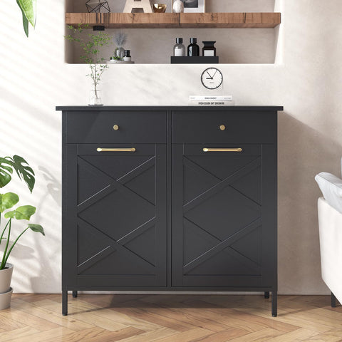 Double Tilt Out Trash Can Cabinet, Suitable For 20 Gallon Metal Dog Proof Trash, With 2 Drawers, Garbage Recycling Can Cabinet Laundry Sorter For Kitchen And Living Room
