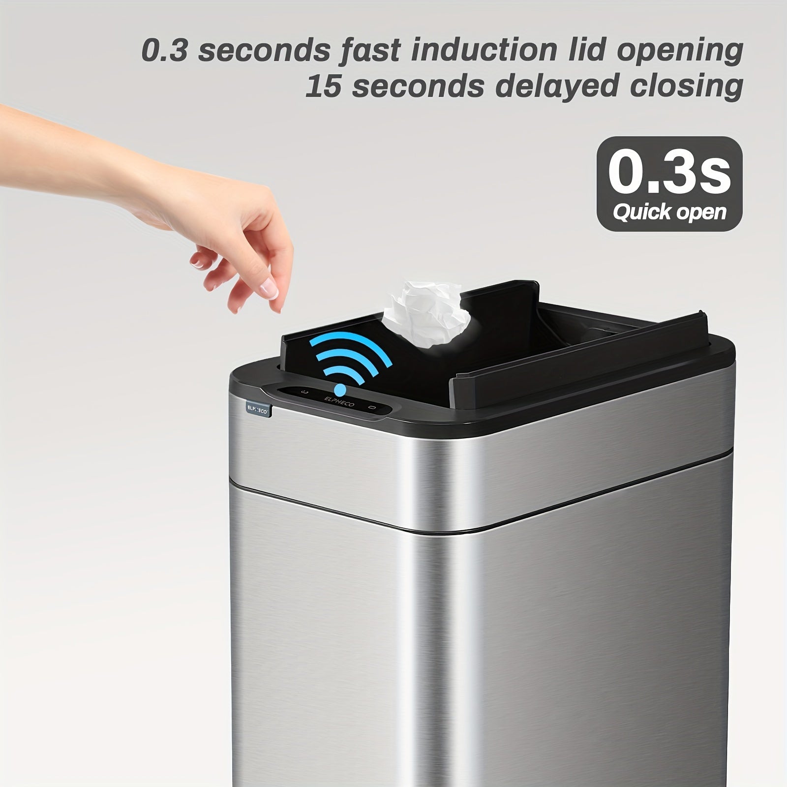 ELPHECO Kitchen Trash Can Automatic Trash Can with Butterfly Lid, Brushed Stainless Steel Finish, Motion Sensor Garbage Can for Kitchen, Office, Living Room, 2 AA for 10.6 Gallon, 3 AA for 16 Gallon
